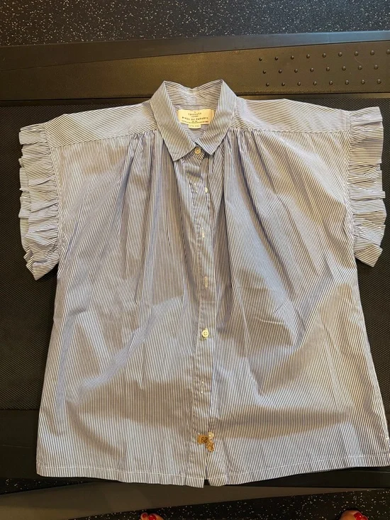 Trovata White and Blue Pinstripe Ruffle Sleeve Shirt - Picture 1 of 4